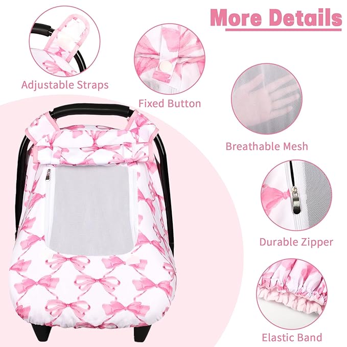 Car Seat Cover Baby, HNHUAMING Infant Car Seat Covers Canopy for Baby Girl Boy, Cozy & Windproof Newborn Carseat Covers Minky Dot Backing Stroller Cover with Breathable Mesh Window, Pink Bow