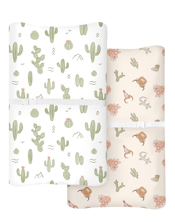 Changing Pad Cover for Baby Boys Girls 2 Pack, Fits Standard 32”×16” Changing Table Pads, Silky Breathable Stretch Knit, Machine Washable (Cactus Cozy)