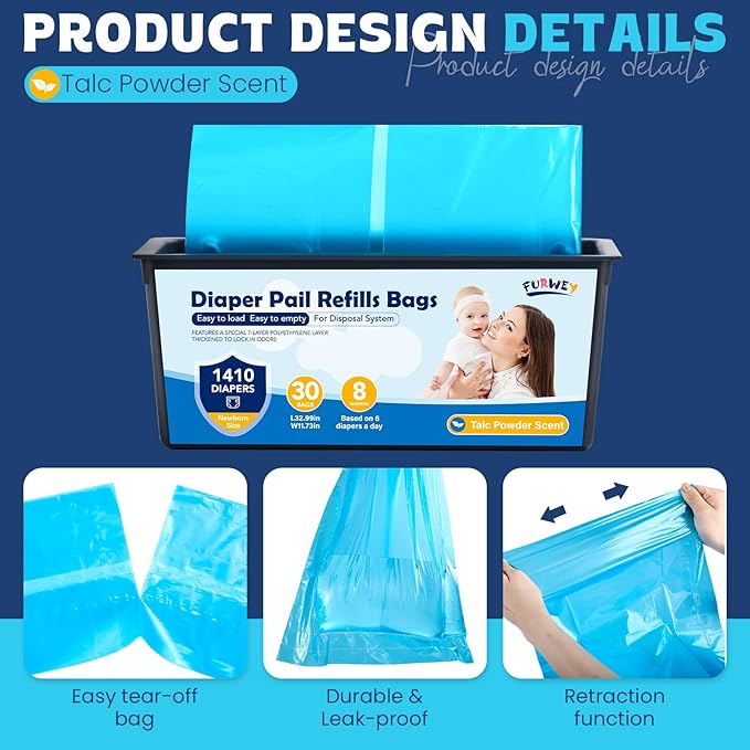 Diaper Pail Refill Bags 30 Bags Per Refill，Compatible with Genie Easy Roll Signature Diaper Pails Holds Up to 2820 Newborn Diapers 7 Layer Odor Barrier Technology 2PACK (60 Bags)