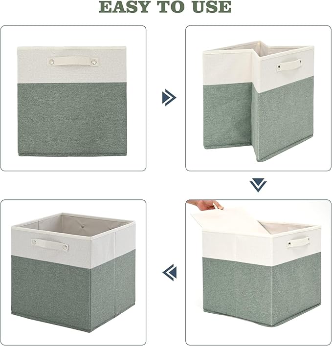 13 x 13 Inch Fine Linen Storage Bins with Handles，Fabric Cube Boxs，Basket Organizers for Shelves for Home, Closet Drawers (White/Green-6 Pack)