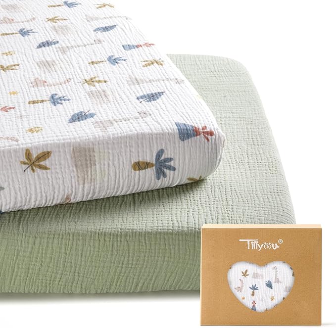 TILLYOU Muslin Mini Crib Sheets 2 Pack, Pack and Play Mattress Sheets Fitted for Pack N Play, 38 x 26 Sheet for Toddler, Dinosaur