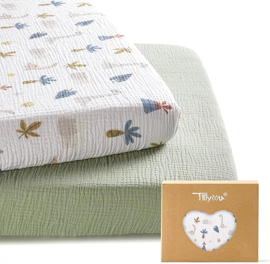 TILLYOU Muslin Mini Crib Sheets 2 Pack, Pack and Play Mattress Sheets Fitted for Pack N Play, 38 x 26 Sheet for Toddler, Dinosaur