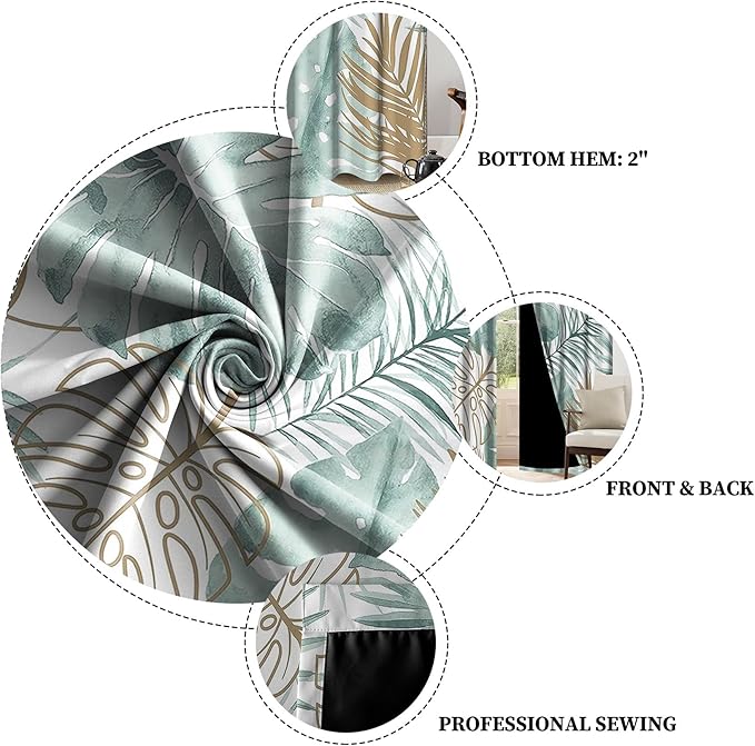 Renaiss Tropical Leaf Blackout Curtains, Green Palm Monstera Leaf Thermal Insulated Bedroom Window Curtains, Botanical Plants Window Curtains for Kitchen, 45" L x 29" W 2 Panel Set