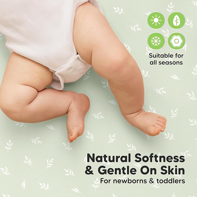 2-Pack Waterproof Crib Sheets for Boys, Girls - 52x28 Fitted Organic Cotton Baby Crib Sheets, Toddler Mattress Protector Cover, Washable, Soft & Durable Baby Bedding Essentials (Herb)