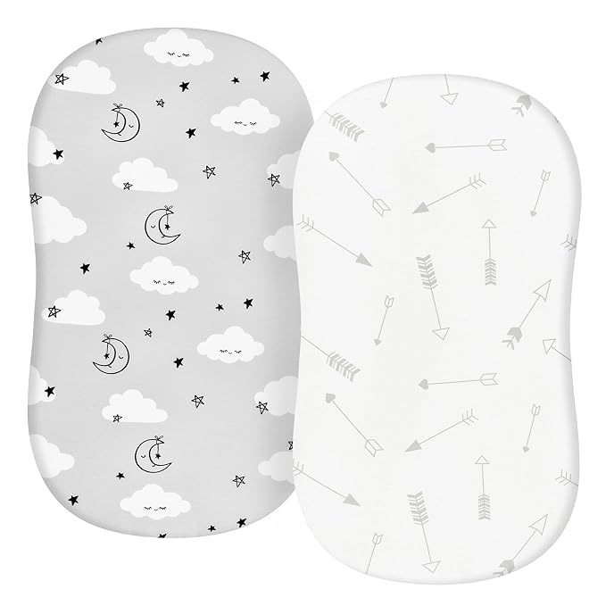 TILLYOU Baby Bassinet Sheets for Girls Boys 2 Pack Baby Sheets for Square Rectangle Oval Bassinet Mattress 33X16 Inch, Grey Clouds