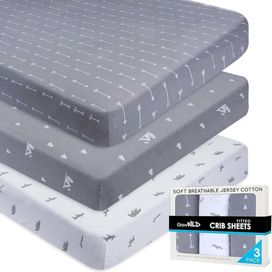 Fitted Unisex Crib Sheets (3 Pack) by GROW WILD - Jersey Knit Cotton Crib Sheets for Boys or Girls, 52” x 28” x 9” Crib Bedding Set (Woodland Gray and White)