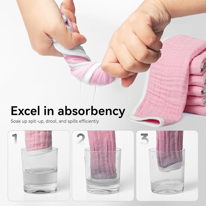 Synrroe Burp Cloths Large, Muslin Burp Cloths for Baby Girls and Boys, Pack of 4 Extra Absorbent and Soft Muslin, 6 Layers 20 by 10 Inches 100% Cotton (Pink-White 4 Pack)