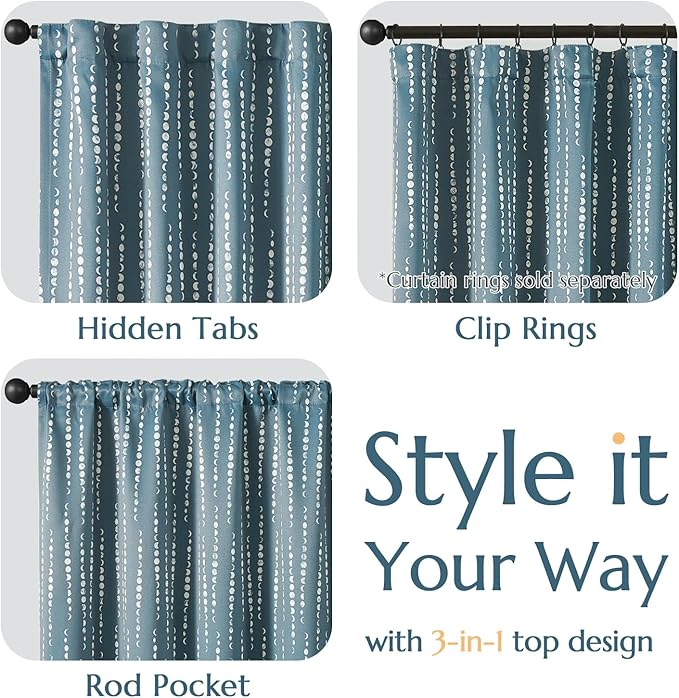 jinchan 95% Blackout Boho Curtains, Moon Phases Printed 63 Inches Long Blue Drapes for Bedroom Living Room Nursery Farmhouse, Rod Pocket Back Tab Thermal Insulated Window Treatment Set 2 Panels