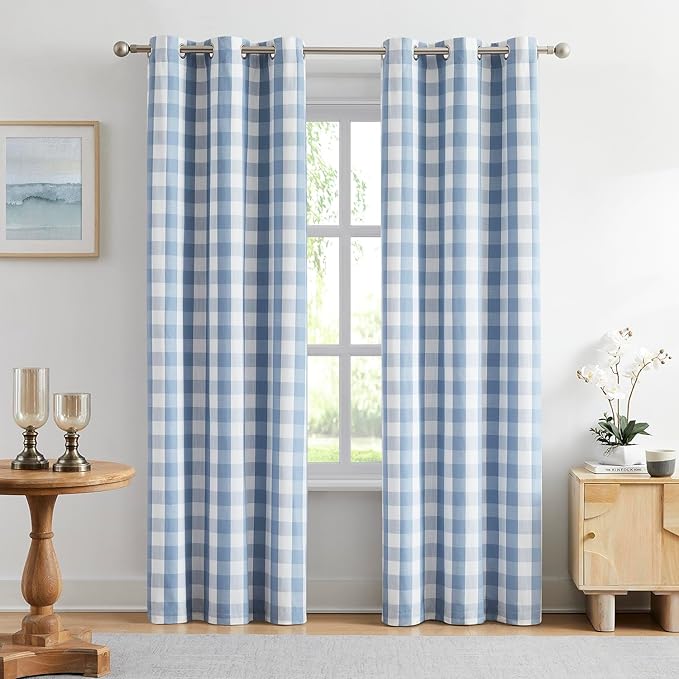 Amzdecor Buffalo Check Plaid Full Blackout Window Curtains 95 Inches Long for Bedroom Noise Reducing Total Room Darkening Grommet Drapes,Vintage Farmhouse Window Treatment,2 Panels,40"x95",Blue White