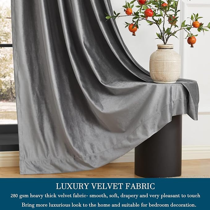PRIMROSE Dark Grey Velvet Curtains 72 inch Long for Living Room,Set of 2 Panels Blackout Rod Pocket Back Tab Window Treatment Room Darkening Heavy Decorative Curtains Drapes for Bedroom