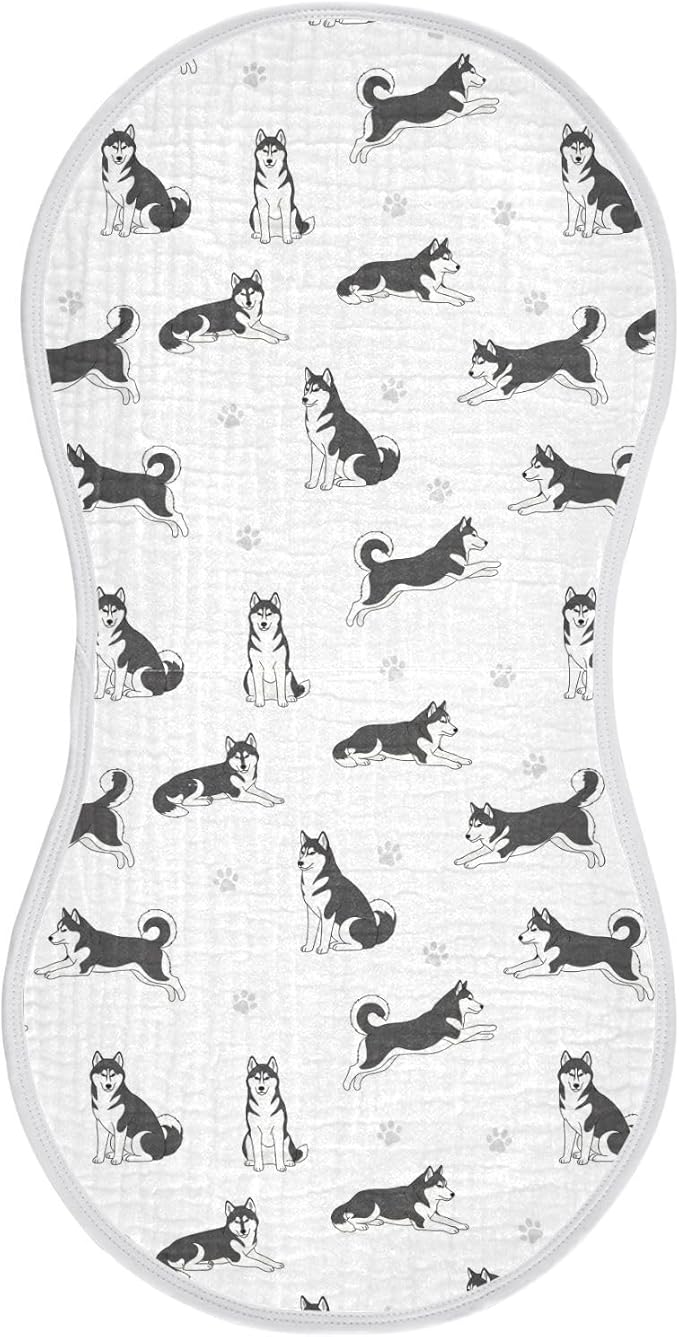 1 Pack Muslin Burp Cloths Husky Dogs White Cotton Baby Burp Cloths Ultra Absorbent Soft Burping Cloth Washcloths for Baby Boys Girls 22x11 Inch