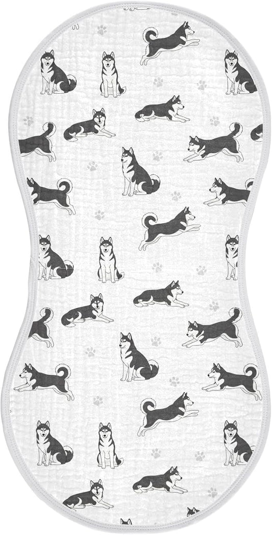 1 Pack Muslin Burp Cloths Husky Dogs White Cotton Baby Burp Cloths Ultra Absorbent Soft Burping Cloth Washcloths for Baby Boys Girls 22x11 Inch