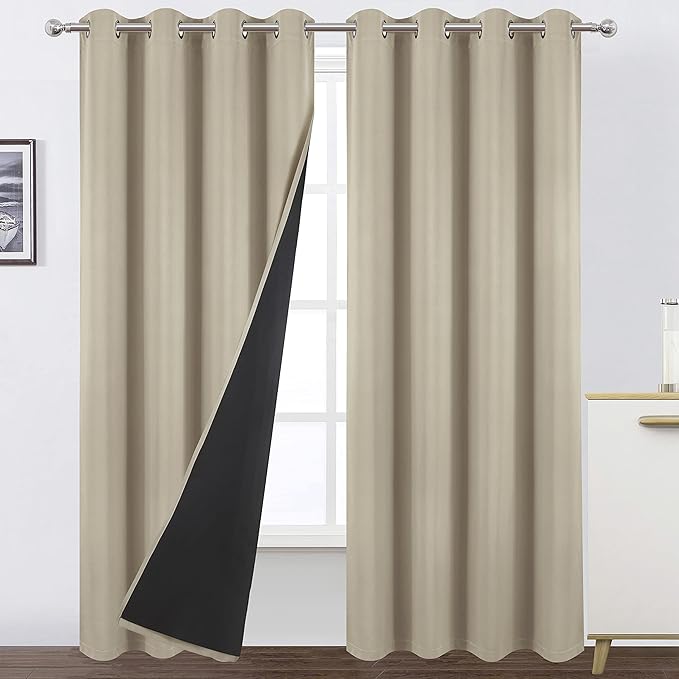 LEMOMO 100% Blackout Curtains 52 x 84 Inch/Beige Curtains 2 Panels with Black Lining Room Darkening Thermal Insulated Bedroom Curtains