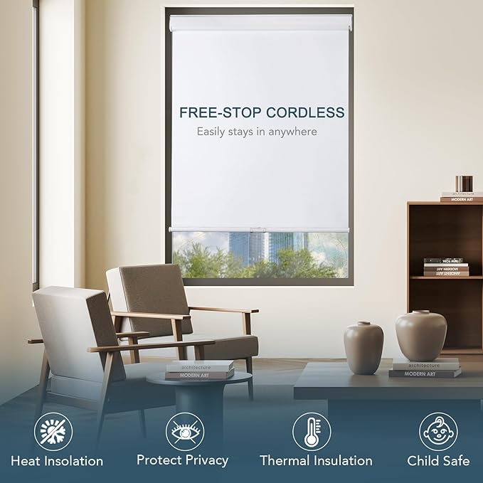 Roller Window Shades Free-Stop Cordless Blackout Blinds, Thermal Insulated Pull Down Shades for Windows, UV Protection Fabric Roller Blinds for Home Office (26.25" Wx72 H, White)