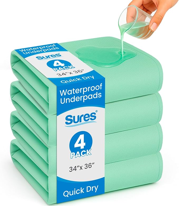 Sures Washable, Waterproof Bed Pad & Mattress Protector for Incontinence (34" x 36" - 4 Pack) - Reusable Bed Pad for Adults & Elderly - Bed Wetting Protection Mattress Pad - Underpad Bedwetting Sheet