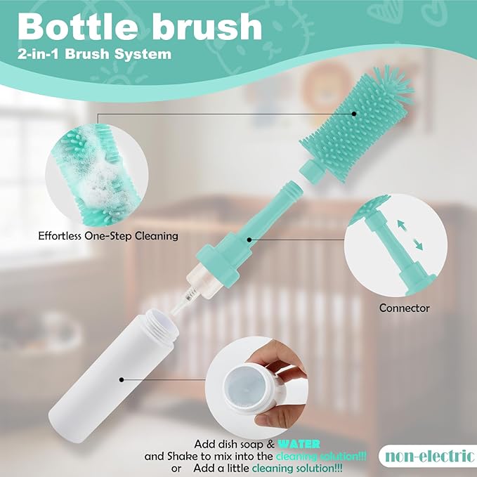 ZTX Push-to-Foam Silicone Bottle Brush Set - One-Press Rich Foam for Baby Bottles, Breast Pump Parts & Nipples - with Detachable Nipple Brush & Portable Travel Storage Bag, Blue