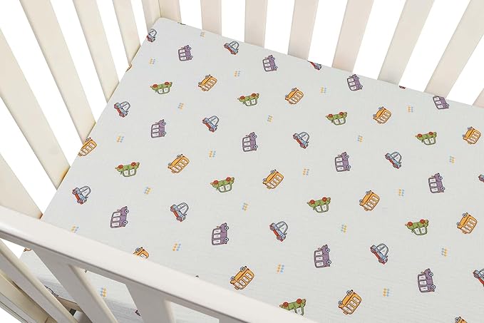 Onacosht Muslin Mini Crib Sheets, 39" x 27" Pack and Play Mattress Sheets Fitted for Pack N Play, Soft Cotton for Boys Girls, 2 Pack, Car and Solid Blue