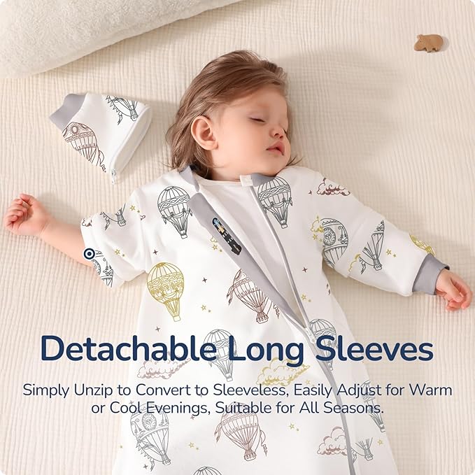 Baby Sleep Sack 18–24 Months, Cotton Sleep Sack with Detachable Long Sleeves, 1.0 TOG Wearable Blanket for Cooler Nights, 2-Way Zipper Toddler Sleeping Sack with Temperature Strip, Hot Air Balloon