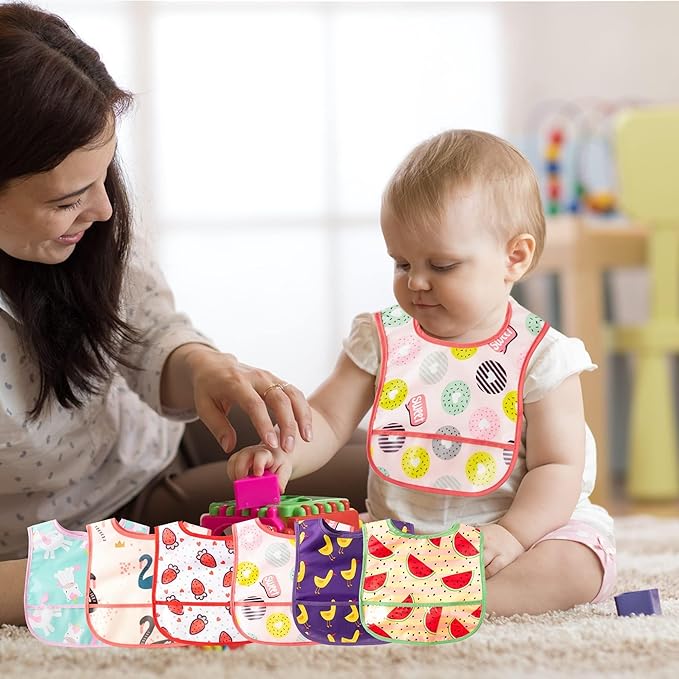 2ooya 6Pcs Baby Feeding Bibs with Crumb Catcher Pocket Adjustable Waterproof Sleeveless Teething Bib Set Toddler Infant Keepsake Gift for Baby Shower, 6-24 Months