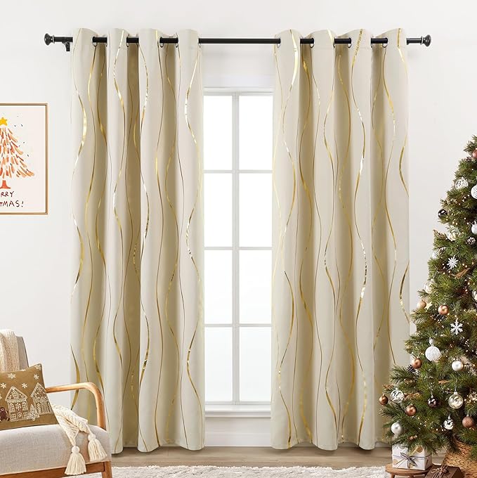 L.Z.E Cream and Gold Curtains for Bedroom Living Room, Elegant Blackout Thermal Insulated Window Drapes with Gold Foil Wave Pattern, 85% Room Darkening 108 Inch Long Grommet Top, 2 Panels Set