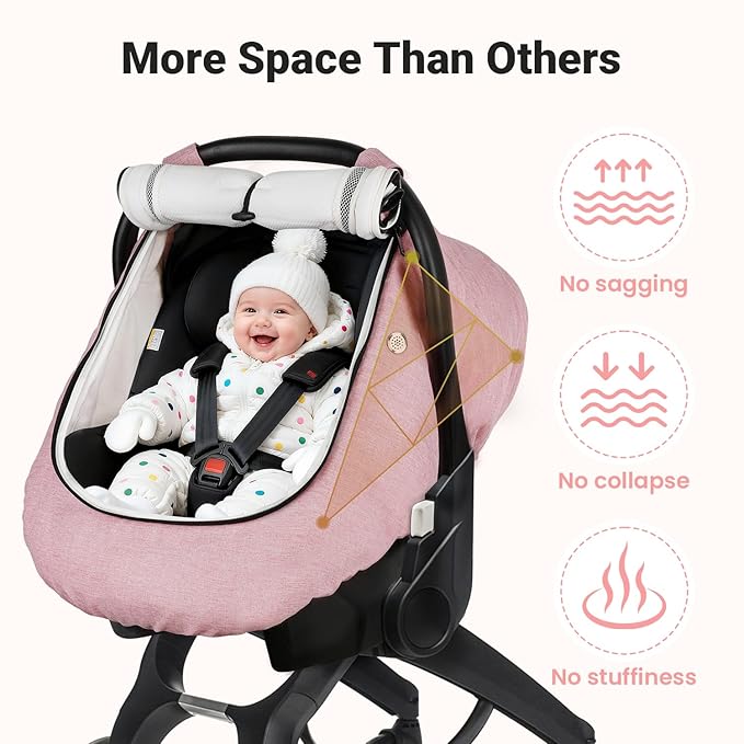 Rquite Car Seat Cover Baby, Winter Carseat Covers Boy Girl, Waterproof Infant Car Seat Cover Warm Car Seat Canopy for Cold Weather, Windproof Baby Carrier/Stroller Cover with 2 Layers Windows, Pink