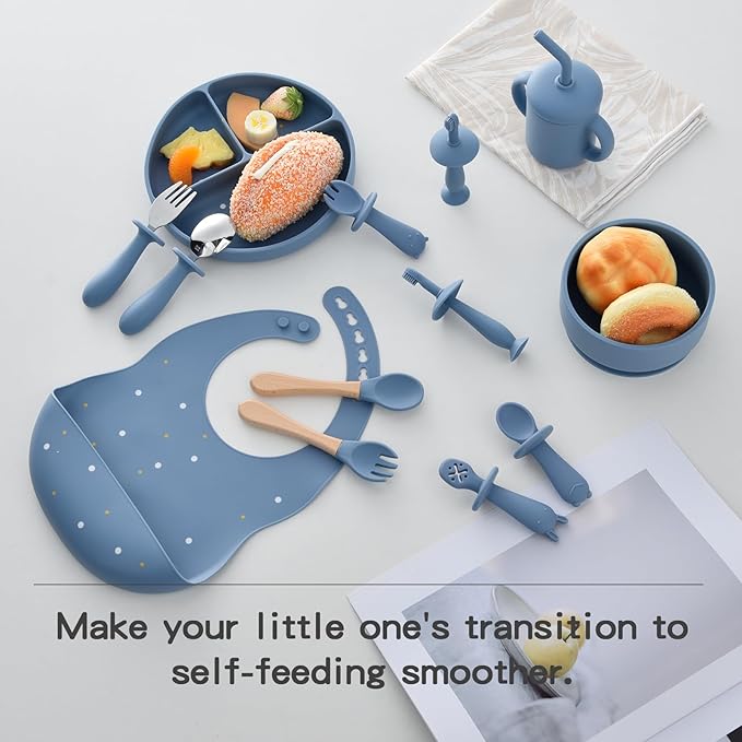 Silicone Baby Feeding Set,13PCS Feeding Essentials with Suction Bowl and Plate,Spoons & Forks,Bib & Cup, Toothbrush,Baby Led Weaning Supplies for 6+ Months - Lake Blue