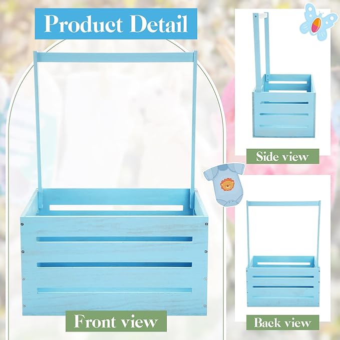 Barydat Wooden Baby Shower Crate Closet, Baby Basket with Handle, Personalized Basket Gifts, Easy Assembly Baskets for Newborn Boy Girl Welcome Gift for New Mom Parents(Blue)