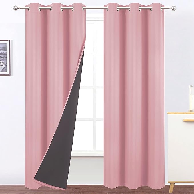 LEMOMO 100% Blackout Curtains 40 x 84 Inch/Pink Curtains 2 Panels with Black Lining Room Darkening Thermal Insulated Bedroom Curtains