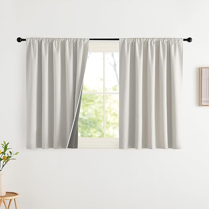 NICETOWN Snowbound Vintage 100% Blackout Faux Linen Blend Curtains for Living Room, 2 Panels 42 x 36 Inch, Thermal Insulated, Room Darkening Rod Pocket Drapes for Bedroom, Nursery