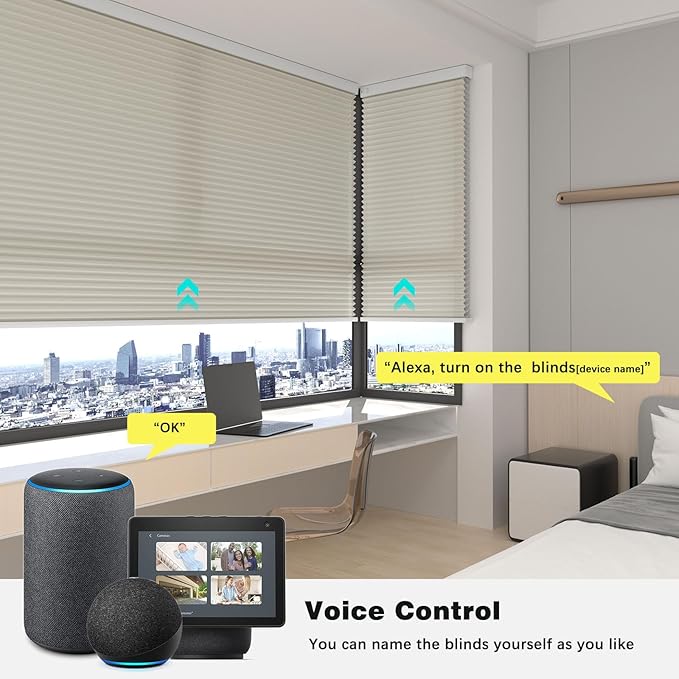 Changshade Motorized Cellular Shades With Remote Control Smart Blinds Work With Alexa, Google Home, Smarthings, Custom Size Electronic Automatic Shades for Indoor Windows Doors, Light Filtering, Beige