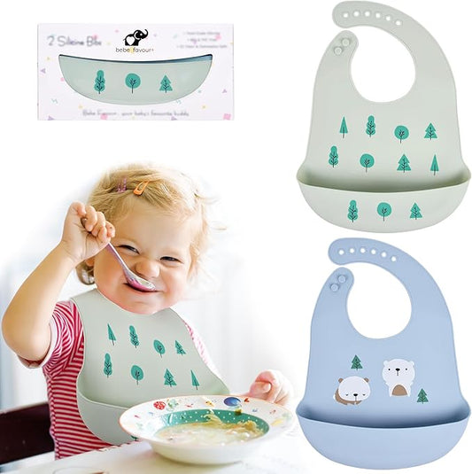BEBE FAVOUR 2 Pack Silicone Baby Bibs Adjustable Fit Waterproof Bib With Leak Proof Food Pouch Catcher for Eating Boys Girls