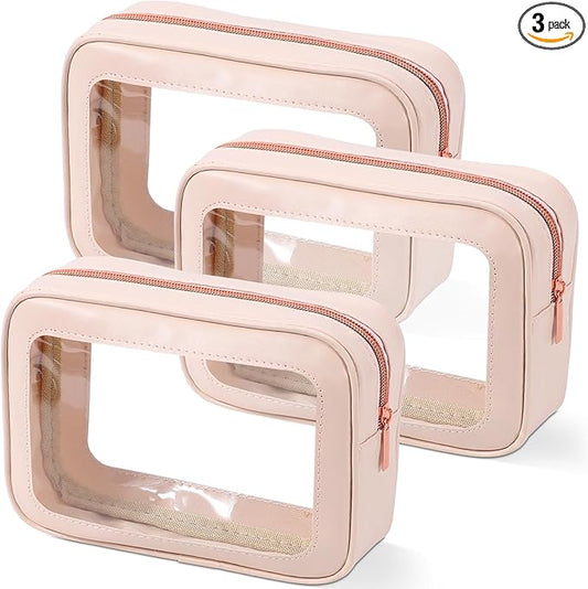 3Pack Clear Toiletry Bag,TSA Approved Travel Makeup Pouch with Zipper for Cosmetics and Toiletries，Diaper Bag Organizer Pouch Set，Women's Purse Organizer and Clear Car Bag