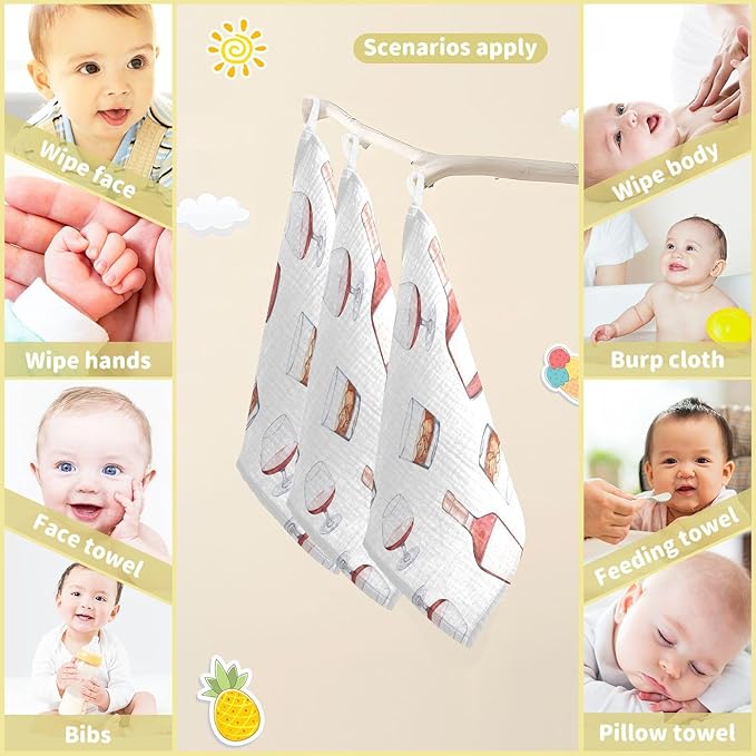 vvfelixl Baby Muslin Washcloths Whiskey Bottles Glasses Baby Burp Cloths Cotton Baby Face Towel for Newborn Infants Boys Girls Soft and Absorbent 11.8 X 11.8 in, 3 Pack