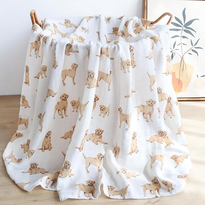 LifeTree Baby Swaddle Blankets Dog Pattern, Muslin Blankets Boys Girls Swaddling Wrap Receiving Blanket for Newborn, 70% Viscose from Bamboo and 30% Cotton, Large 47" x 47", Labrador