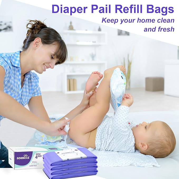 Diaper Pail Refill Bags Compatible with Dekor Plus Diaper Pail Refills 4 Pack Extra 14% Length,Holds up to 3248 Diapers,Extra 30% Thickness Powerful Odor Eliminate Lavender Scent for Baby/Adult
