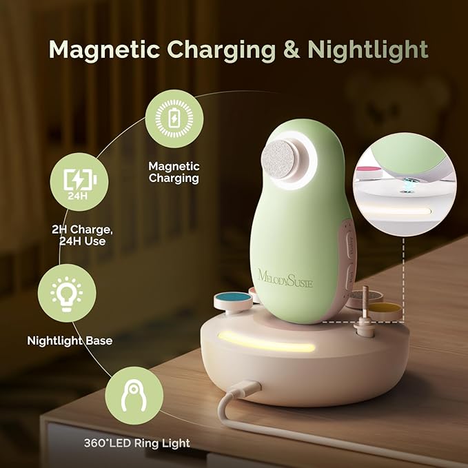MelodySusie Baby Electric Nail File Kit, PC20F Magnetic Rechargeable & Safe Nail Trimmer with Night Light, Quiet Operation for Newborns, Infants, Toddlers, Gentle Nail Care Clipper, Green