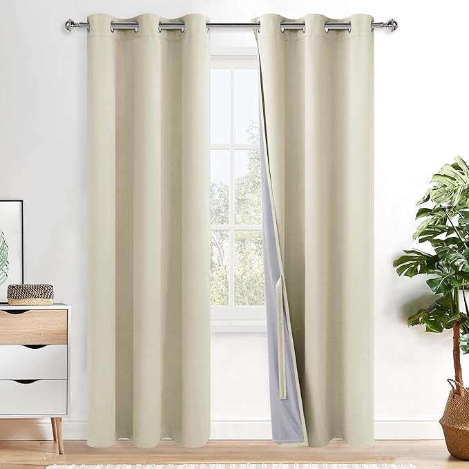 XWZO 100% Blackout Curtain Panels - Thermal Insulated Black Liner Curtains, Noise Reducing and Heat Blocking Drapes for Hall and Studio Windows with Tiebacks, Beige, W42 x L84, Set of 2