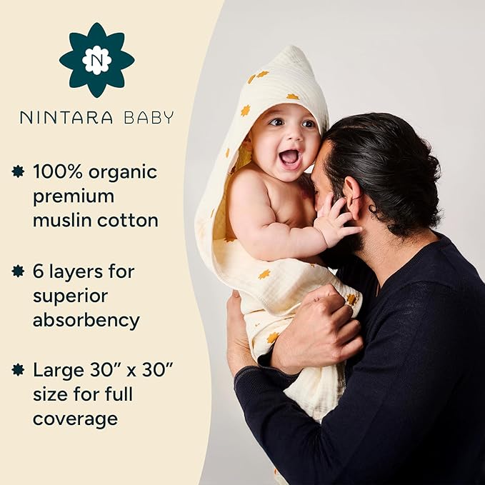 Hands-Free Hooded Towel - 100% Organic Premium Muslin Cotton, 30" x 30", Ultra-Absorbent, Soft, Breathable, Hypoallergenic, Multipurpose, Gifts for Babies & Infants