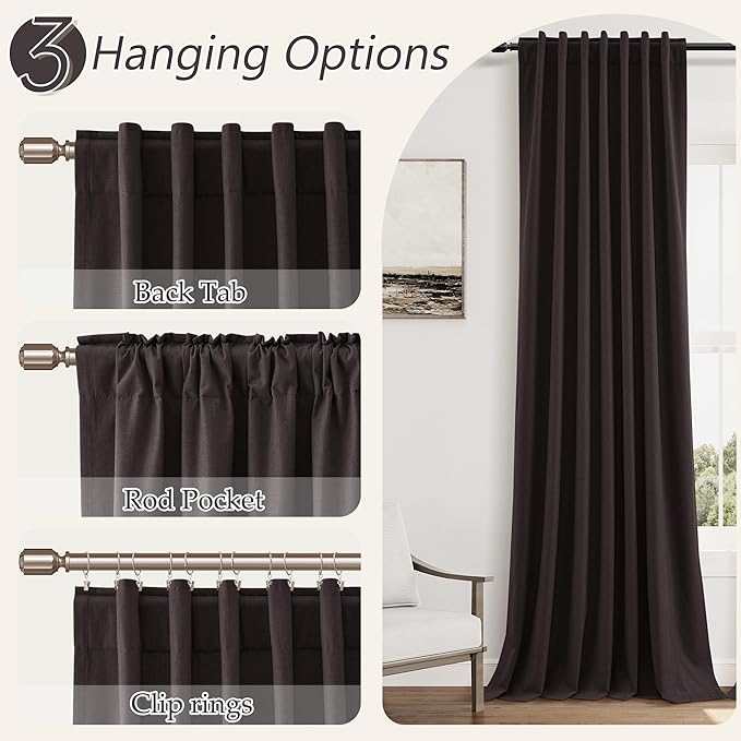 Guken 100% Blackout Curtains 120 Inch Length 2 Panels Set for Living Room Bedroom Back Tab Thermal Insulated Black Out Linen Drapes Room Darkening Cocoa Coffee,52x120