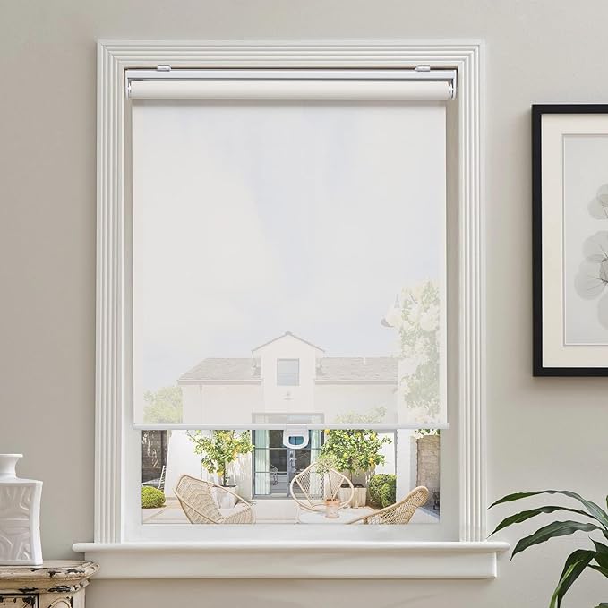 AOSKY Cordless Roller Shades for Windows Light Filtering Shades with 5% Openness Solar Screen Semi Sheer Roller Blinds UV Protection for Office and Home. Easy to Install 54" W x 72" H (White)