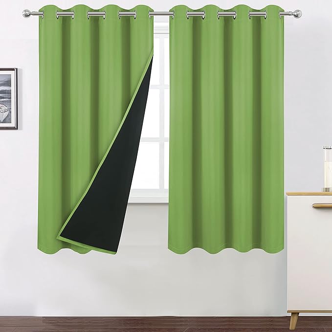 LEMOMO 100% Blackout Light Green Curtains with Black Lining/52 x 63 Inch/Set of 2 Panels Thermal Insulated Room Darkening Curtains for Bedroom