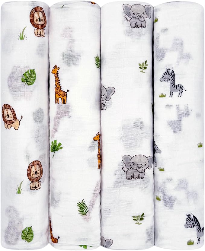 100% Muslin Cotton Swaddle Blankets, Pack of 4, 47 x 47 inches (120 cm x 120 cm), Ultra-Soft, Breathable, Hypoallergenic, Lion/Elephant/Giraffe/Zebra Designs