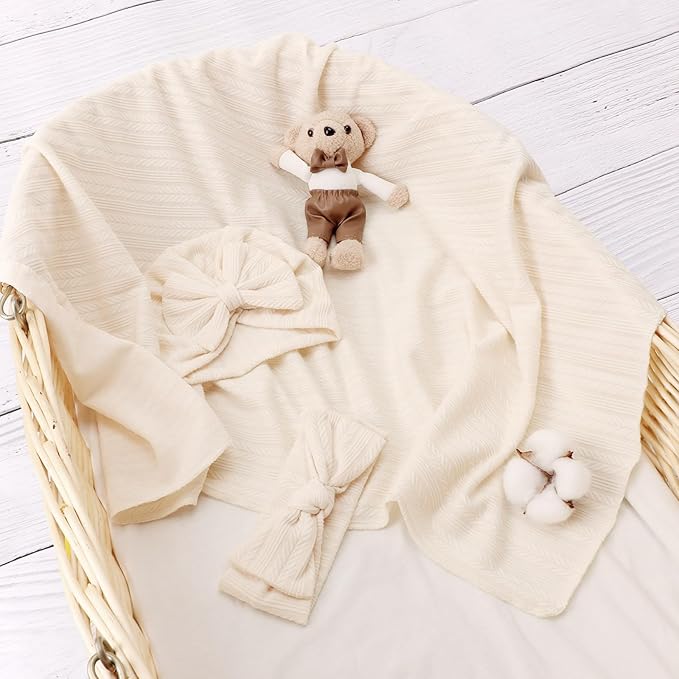 DRESHOW BQUBO Baby Swaddle Blankets for Girls, 4PCS Newborn Accessories Set with Matching Hat and Bow Headband with Hello World Wooden Birth Announcement Card