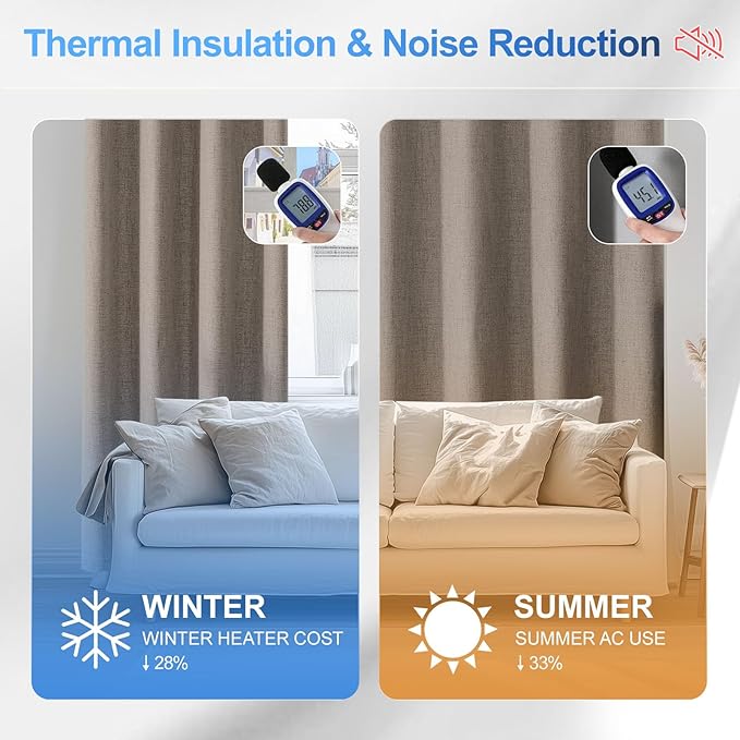 Linen 100% Blackout Curtains for Bedroom, Black Out Curtains 45 Inch Long, Room Darkening Curtains for Living Room, Long Curtain Grommets Drapes, Thermal Curtains(2 Panels, Brown)