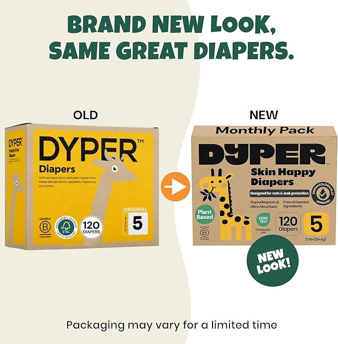 DYPER Monthly Pack Baby Diapers Size 5 (27+ lbs) 168 Count - Leak-Proof & Plant Based, Hypoallergenic and Ultra Absorbent Size 5 Diapers for Day and Overnight Skin Protection (Packaging May Vary)