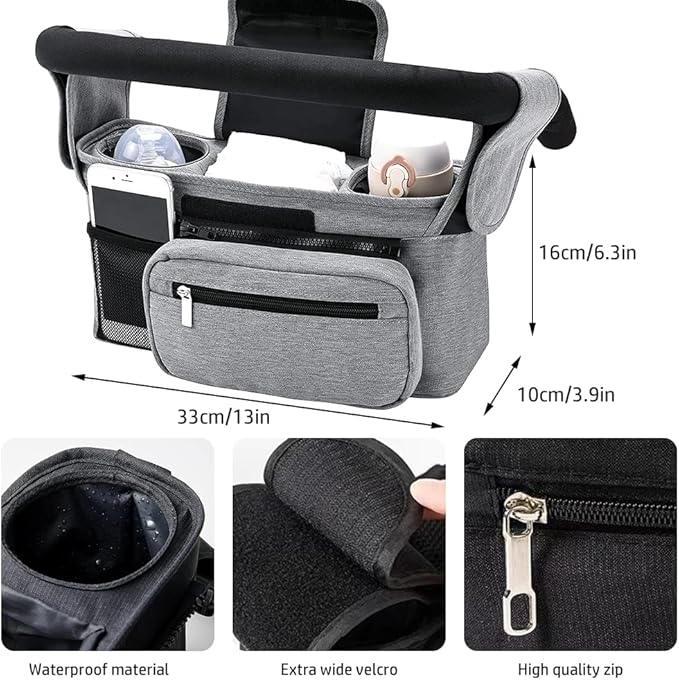 Baby Stroller Organizer, Universal Stroller Organizer with Detachable Phone Bag, Stroller Caddy with 2 Insulated Cup Holders, Buggy Organizer Bag with 2 Hooks Fits Most Strollers (Grey)