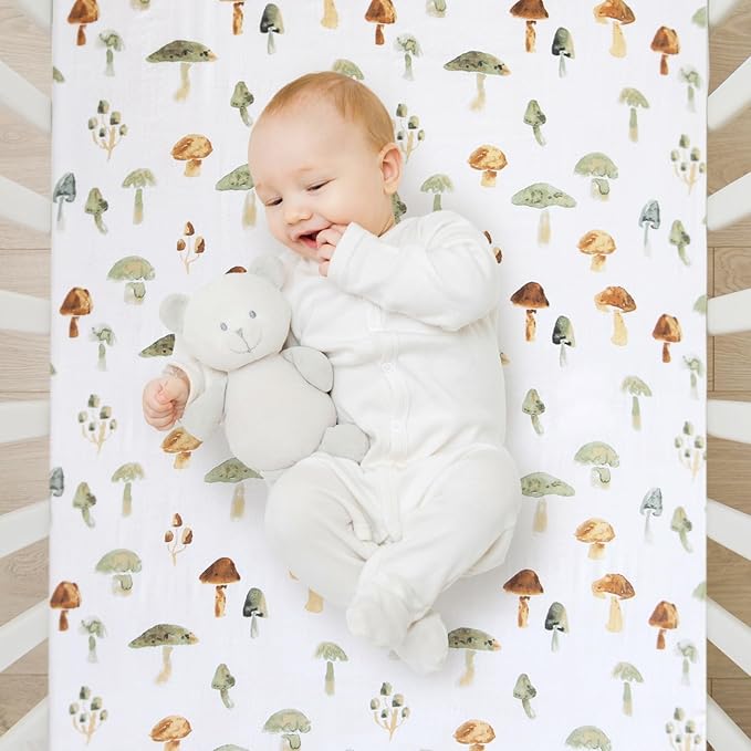 LifeTree Crib Sheets for Baby Unisex - Muslin Fitted Crib Sheets Toddler Bed Sheet, 70% Viscose from Bamboo and 30% Cotton, Fits Standard Crib, Mushroom, 28in x 52in