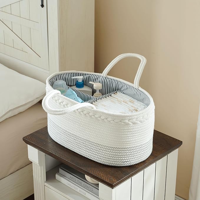 luxury little Diaper Caddy Organizer, Large Cotton Rope Nursery Baby Basket, Changing Table Organizer for Baby Diaper Storage, Portable Car Organizer Removable Divider (Off White, Extra Large)