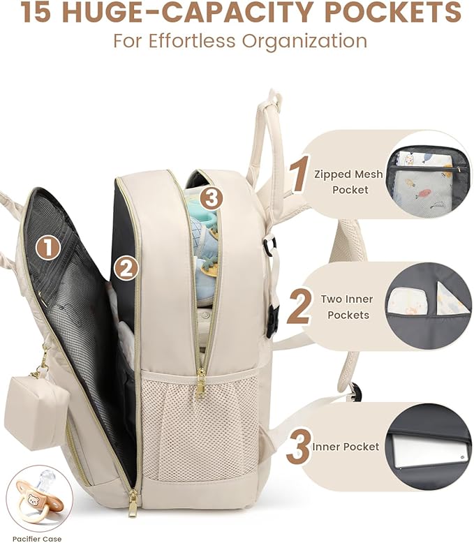 Diaper Bag Backpack,Baby Essentials Diapers Bag with Pacifier Case,Multipurpose Stylish Large Capacity Travel Backpack for Baby Girl/Boy(L-Beige)