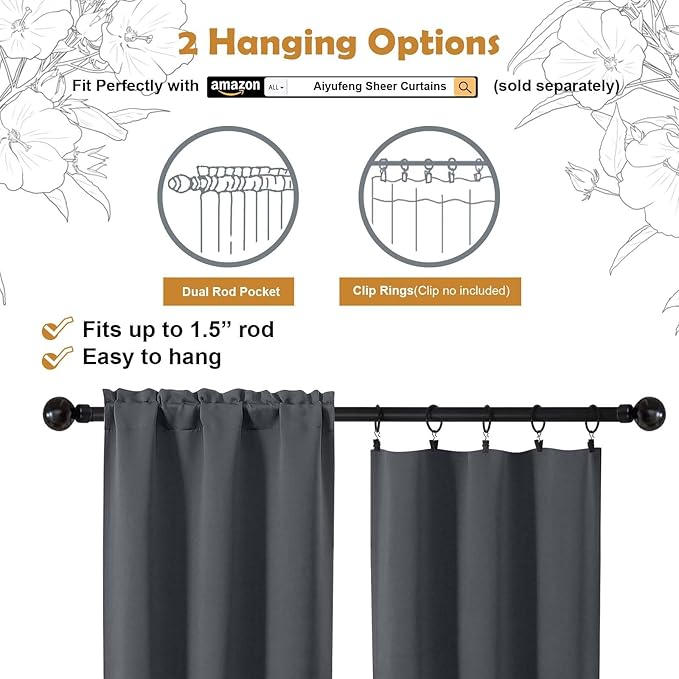 Aiyufeng Grey Blackout Curtains for Bedroom 72 Inch Length 2 Panels Set, Privacy Thermal Insulated Rod Pocket Door Window Curtains for Patio French Door Front Door, W40 x L72 Inch, Grey